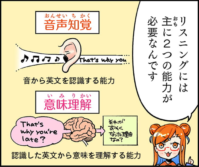 リスニングには、音声知覚と意味理解の能力が必要